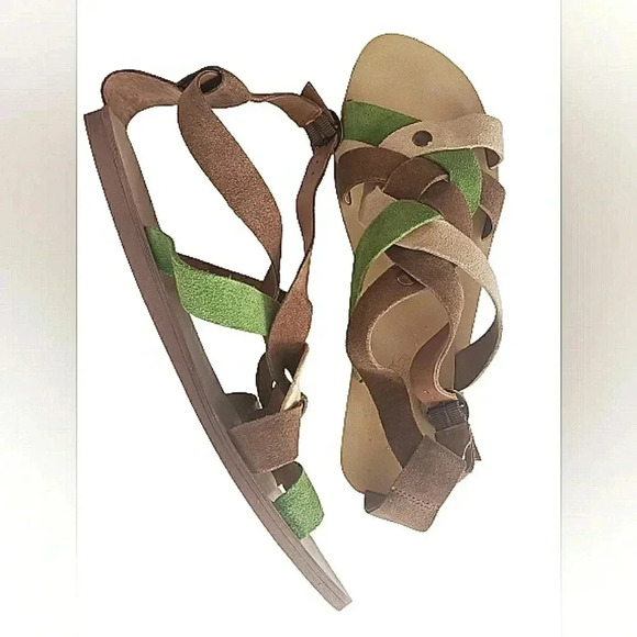 Nine West 9.5 Boho Gypsy Festival Suede Leather Strappy Flat Green Brown Sandals - Picture 1 of 10
